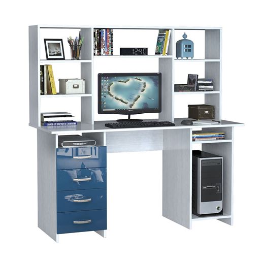 Стол компьютерный Милан-6 Глянец, с надставкой белый / синий