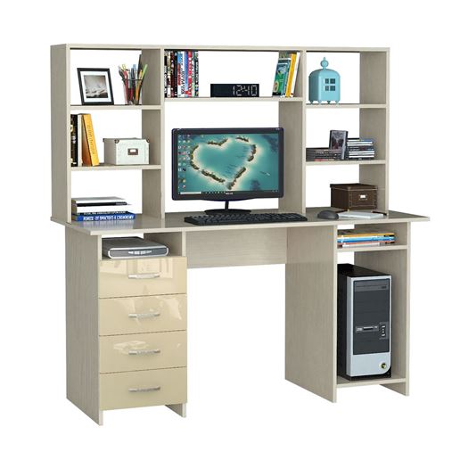 Стол компьютерный Милан-6 Глянец, с надставкой дуб молочный / бежевый