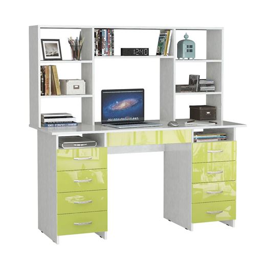 Стол компьютерный Милан-10Я Глянец, с надставкой белый / лайм