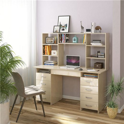 Стол компьютерный Милан-10Я Глянец, с надставкой дуб молочный / бежевый