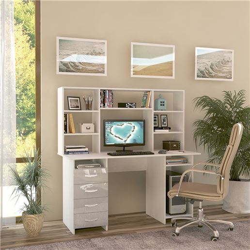 Стол компьютерный Милан-6 Глянец, с надставкой белый / белый