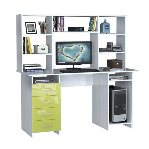 Стол компьютерный Милан-6 Глянец, с надставкой белый / лайм