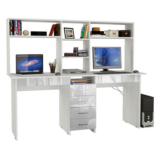 Стол письменный Тандем-2Я Глянец, с надставкой белый / белый