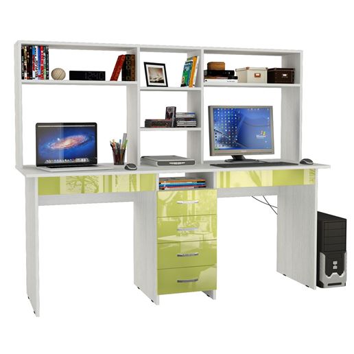 Стол письменный Тандем-2Я Глянец, с надставкой белый / лайм