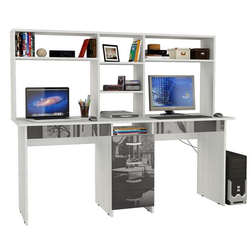 Стол письменный Тандем-2Я Глянец, с надставкой белый / серый