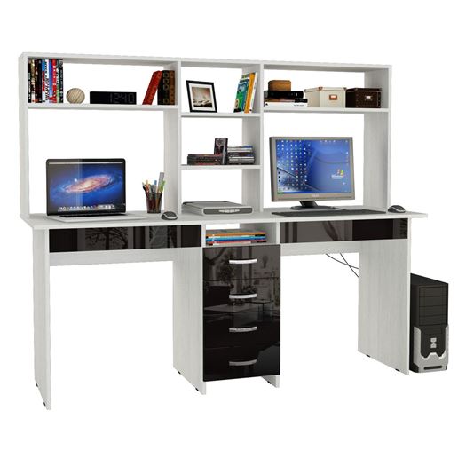 Стол письменный Тандем-2Я Глянец, с надставкой белый / чёрный