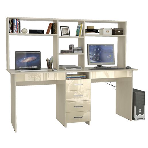 Стол письменный Тандем-2Я Глянец, с надставкой дуб молочный / бежевый