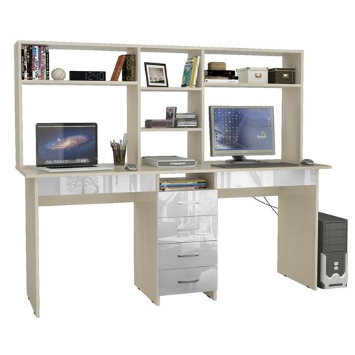 Стол письменный Тандем-2Я Глянец, с надставкой дуб молочный / белый