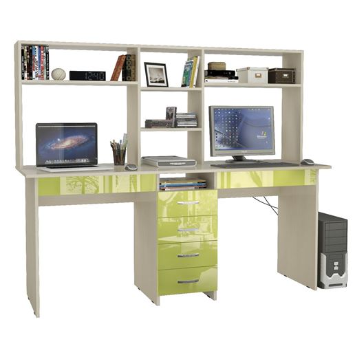 Стол письменный Тандем-2Я Глянец, с надставкой дуб молочный / лайм