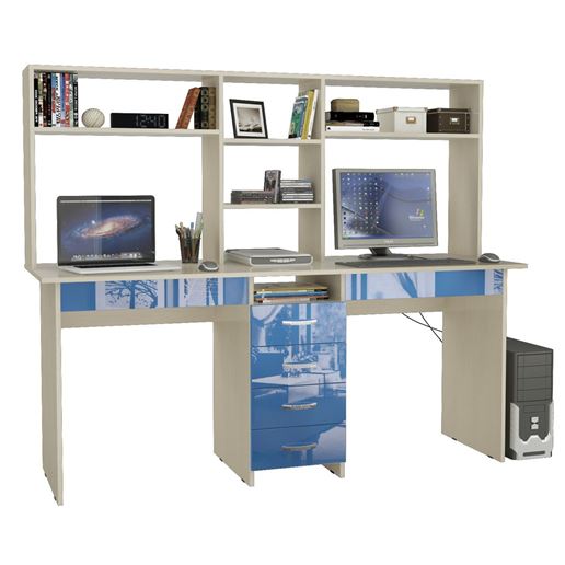 Стол письменный Тандем-2Я Глянец, с надставкой дуб молочный / синий