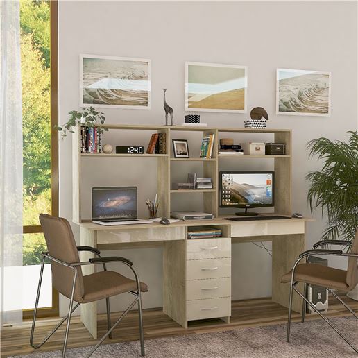 Стол письменный Тандем-2Я Глянец, с надставкой дуб сонома / бежевый