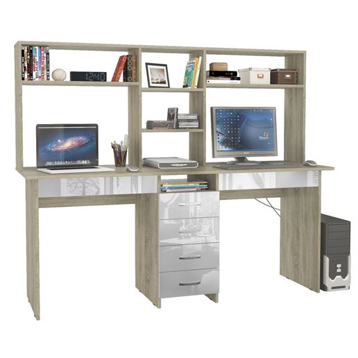 Стол письменный Тандем-2Я Глянец, с надставкой дуб сонома / белый