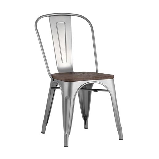 Стул Tolix WOOD серебристый матовый, основание и спинка оцинкованный металл, сиденье тёмное дерево