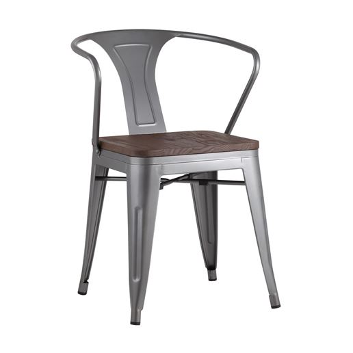 Стул Tolix с подлокотниками серебристый матовый + темное дерево, , металлическое серебристое основани