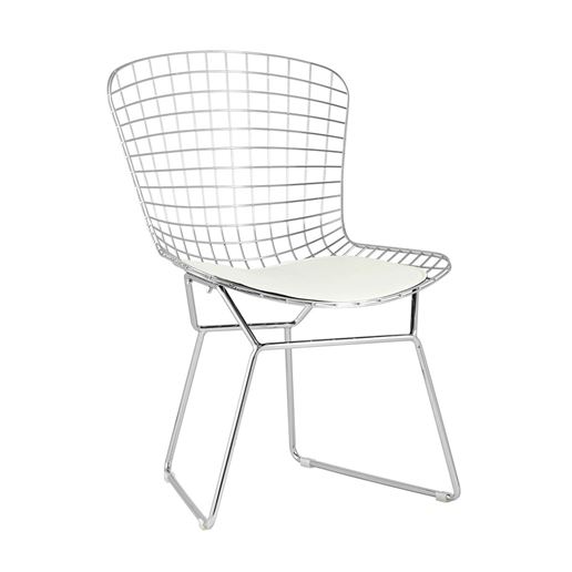 Стул обеденный Bertoia хромированный металл с белой подушкой из экокожи