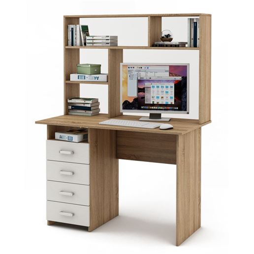 Письменный стол Лайт-4 с надстройкой-Дуб-сонома/Белый