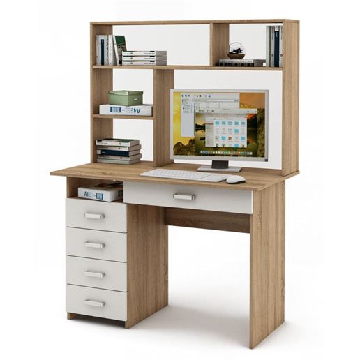 Письменный стол Лайт-4Я с надстройкой-Дуб-сонома/Белый