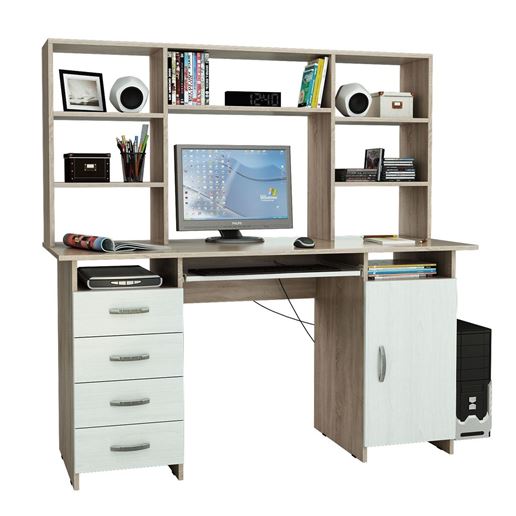 Стол компьютерный Милан-7П, с полкой и надставкой дуб сонома / белый